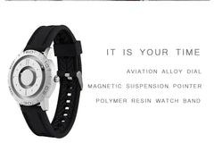 Side view of silver Men's Magnetic Ball Watch highlighting aviation alloy dial, magnetic pointer, and polymer resin strap.