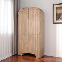 72" Natural Solid Wood Textured Door Arched Cabinet With Four Doors