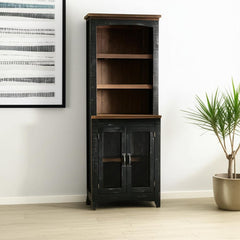 72" Brown and Black Distressed Wood Dining Hutch featuring two doors and open shelves, set against a modern interior backdrop