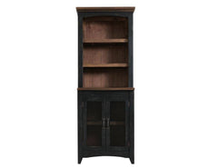 A 72-inch brown and black distressed solid wood dining hutch cabinet with two doors.