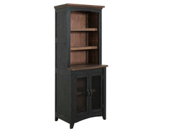 72" brown and black distressed wood dining hutch featuring two doors, open shelves, and a rustic design.