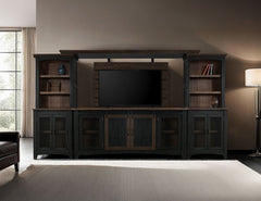 72" Brown and Black Distressed Wood Dining Hutch With Two Doors