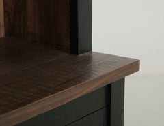 Close-up of the 72" Brown and Black Distressed Wood Dining Hutch, showcasing the textured wood finish and two-tone design.
