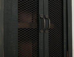 72" brown and black distressed wood dining hutch featuring two doors with metal mesh and rustic handles.