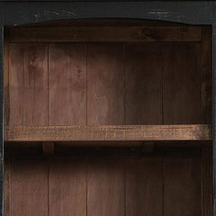 Interior view of a 72" brown and black distressed wood dining hutch featuring two doors and wooden shelves.