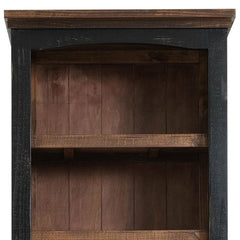 72" Brown and Black Distressed Wood Dining Hutch featuring two doors and open shelving for storage and display.