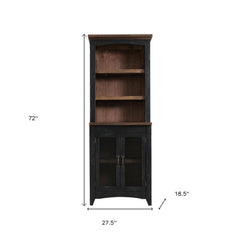 72" brown and black distressed wood dining hutch with two doors, featuring open shelves and a rustic design.