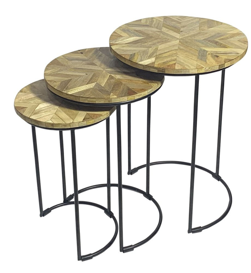 Set of three nested tables featuring natural and black solid wood tops with a geometric pattern and iron frames.
