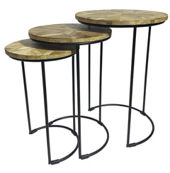 Set of three nested tables featuring natural and black solid wood tops with iron frames, showcasing a stylish round design.