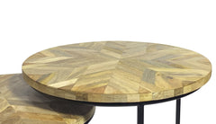 Set of three nested tables featuring natural and black solid wood tops with a geometric pattern and iron frames.