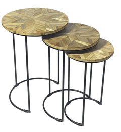 Set of three nested tables with round wooden tops featuring a natural and black solid wood design, supported by black iron fr