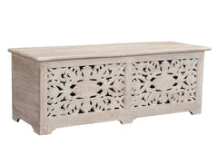 52" White Distressed Solid Wood Carved Floral Storage Ottoman