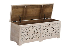 52" White Distressed Solid Wood Carved Floral Storage Ottoman with a hinged lid and intricate floral design on the front.