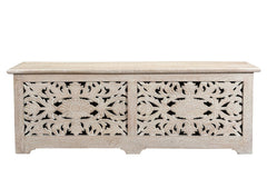 52" White Distressed Solid Wood Carved Floral Storage Ottoman with intricate floral carvings and a rustic finish.