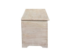 52" White Distressed Solid Wood Carved Floral Storage Ottoman with a smooth top and decorative floral carvings on the sides.