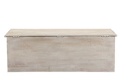 52" White Distressed Solid Wood Carved Floral Storage Ottoman with a smooth top and natural wood grain finish.