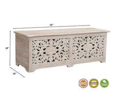 52" White Distressed Solid Wood Carved Floral Storage Ottoman