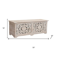 52" White Distressed Solid Wood Carved Floral Storage Ottoman with intricate floral design and spacious storage compartment.