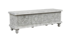 54" White Solid Wood Medallion Storage Ottoman
