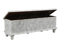 54" White Solid Wood Medallion Ottoman with Storage featuring intricate carvings and a spacious interior for organization.