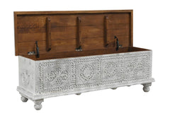 54" White Solid Wood Medallion Ottoman with Storage features intricate carvings, a lift-top lid, and a spacious interior for 