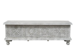 54" White Solid Wood Medallion Storage Ottoman