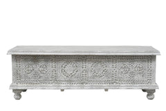 54" White Solid Wood Medallion Ottoman with intricate carvings and storage space, featuring decorative legs.