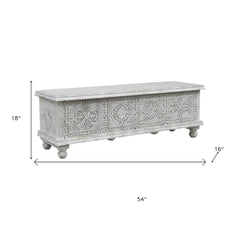 54" White Solid Wood Medallion Ottoman with intricate carvings, featuring a storage compartment and decorative feet.