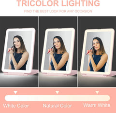 USB charging cable connected to portable LED vanity mirror — recharges via any USB port