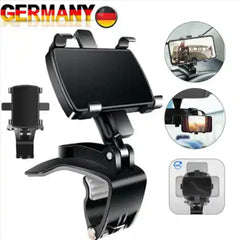 360° car phone holder universal mount clips securely to dashboard for hands-free use. Adjustable design fits most smartphones for safe driving.