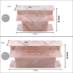 Dimensions of the Acrylic Pink Marble Eyelash Tweezer Rack Organizer in 6-hole and 8-hole sizes, ideal for lash professionals.