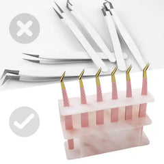 Comparison showing disorganized tweezers vs. neatly stored tweezers in the Acrylic Pink Marble Eyelash Tweezer Rack Organizer.