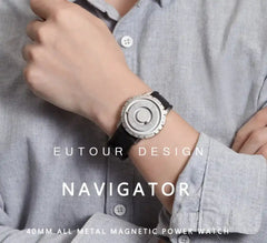 Model wearing Men's Magnetic Ball Watch with silver dial and black strap, showcasing its bold, innovative design on the wrist.