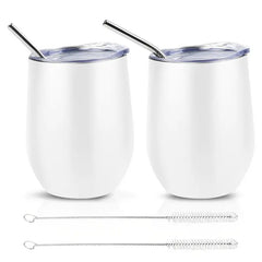 Double wall vacuum insulated wine tumbler showing stemless design, white exterior, 12oz capacity