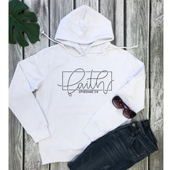 Women's hooded sweatshirt with front pocket in black-white alphabet graphic print, front view