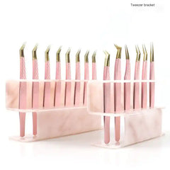 Acrylic Pink Marble Eyelash Tweezer Rack Organizers holding multiple tweezers, showcasing 6 and 8-hole capacity for beauty tools.