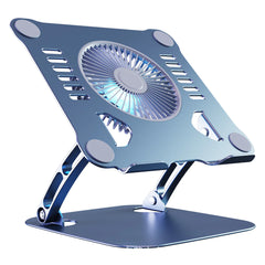 Foldable laptop stand with cooling fan folded flat, compact size shown for travel portability