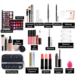 Women's all-in-one makeup set with lipstick, eyeshadow, blush and foundation – full kit view