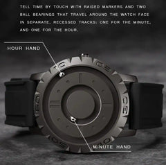 Close-up of Men's Magnetic Ball Watch showing labeled hour and minute magnetic ball bearings for innovative time-telling experience.
