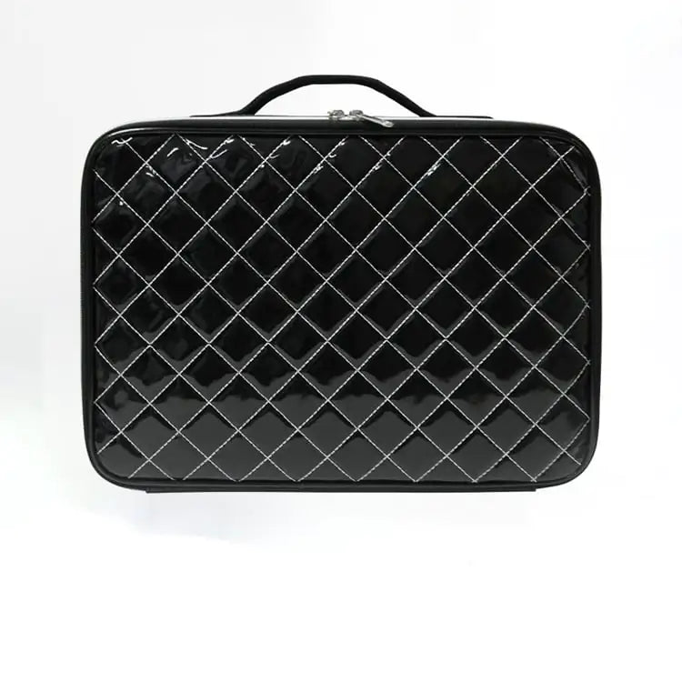 Waterproof PU leather travel makeup organizer bag in black – large size open flat lay