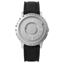Men's Magnetic Ball Watch with silver dial and black rubber strap, featuring a raised marker design and magnetic ball time display.
