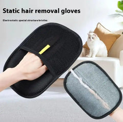 Pet Hair Removal Glove - Electrostatic & Reusable in black with mesh backing and gray bristle side, ideal for removing cat and dog fur from furniture.