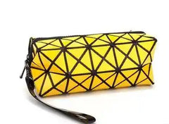 Diamond pattern makeup clutch in Rose Red – side angle highlighting structured PVC shape