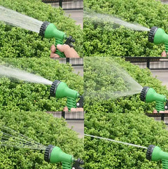 Expandable hose & pressure washer with 7 spray modes shown in use on green bushes. Ideal for all garden cleaning needs and efficient watering.