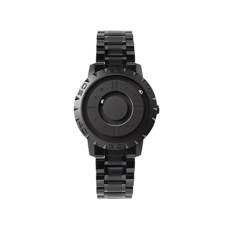 Men's Magnetic Ball Watch with black metal strap and unique recessed dial design for tactile time display. A modern statement wristwatch.