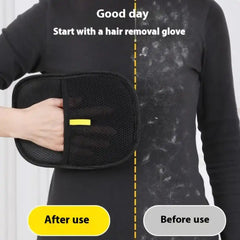 Pet Hair Removal Glove - Electrostatic & Reusable shown in use on a black shirt, demonstrating before and after pet hair removal results.