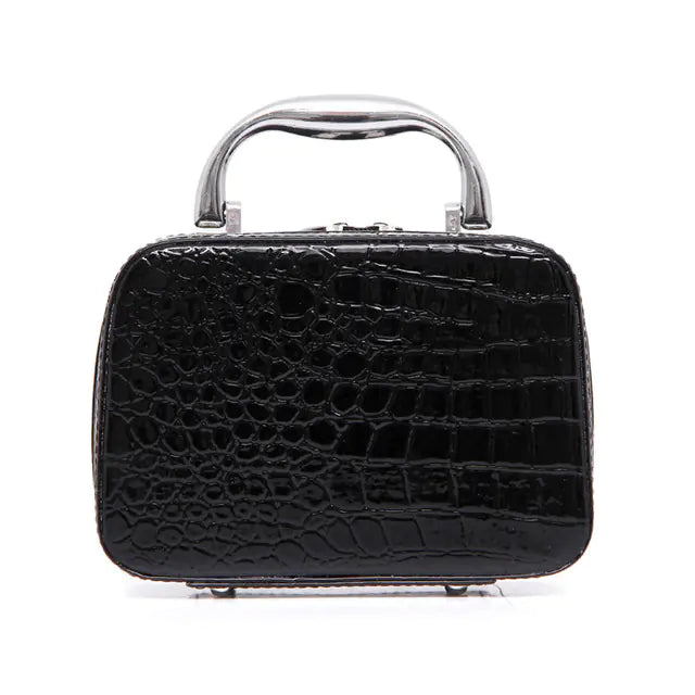 Waterproof travel makeup organizer in black PU leather with zipper closure – front view