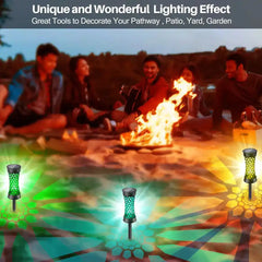 Colorful waterproof solar garden light illuminating a campsite with vibrant LED patterns, ideal for patios, pathways, and outdoor gatherings.