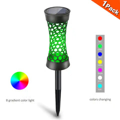 Colorful waterproof solar garden light with 8 gradient LED colors and honeycomb design, ideal for outdoor pathway lighting and garden decoration.