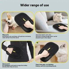 Pet Hair Removal Glove - Electrostatic & Reusable used on a dog, sofa, and cat bed. Ideal for removing fur from pets and household surfaces.